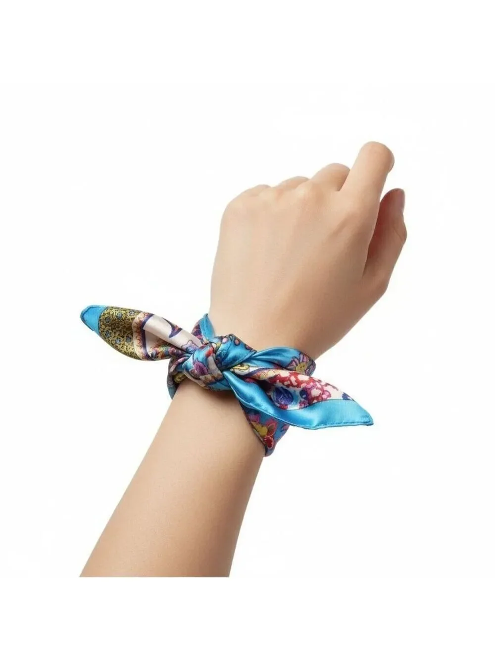 Blue Floral Satin Square Scarf 20x20 Hair Neck Head Wrap Boho
